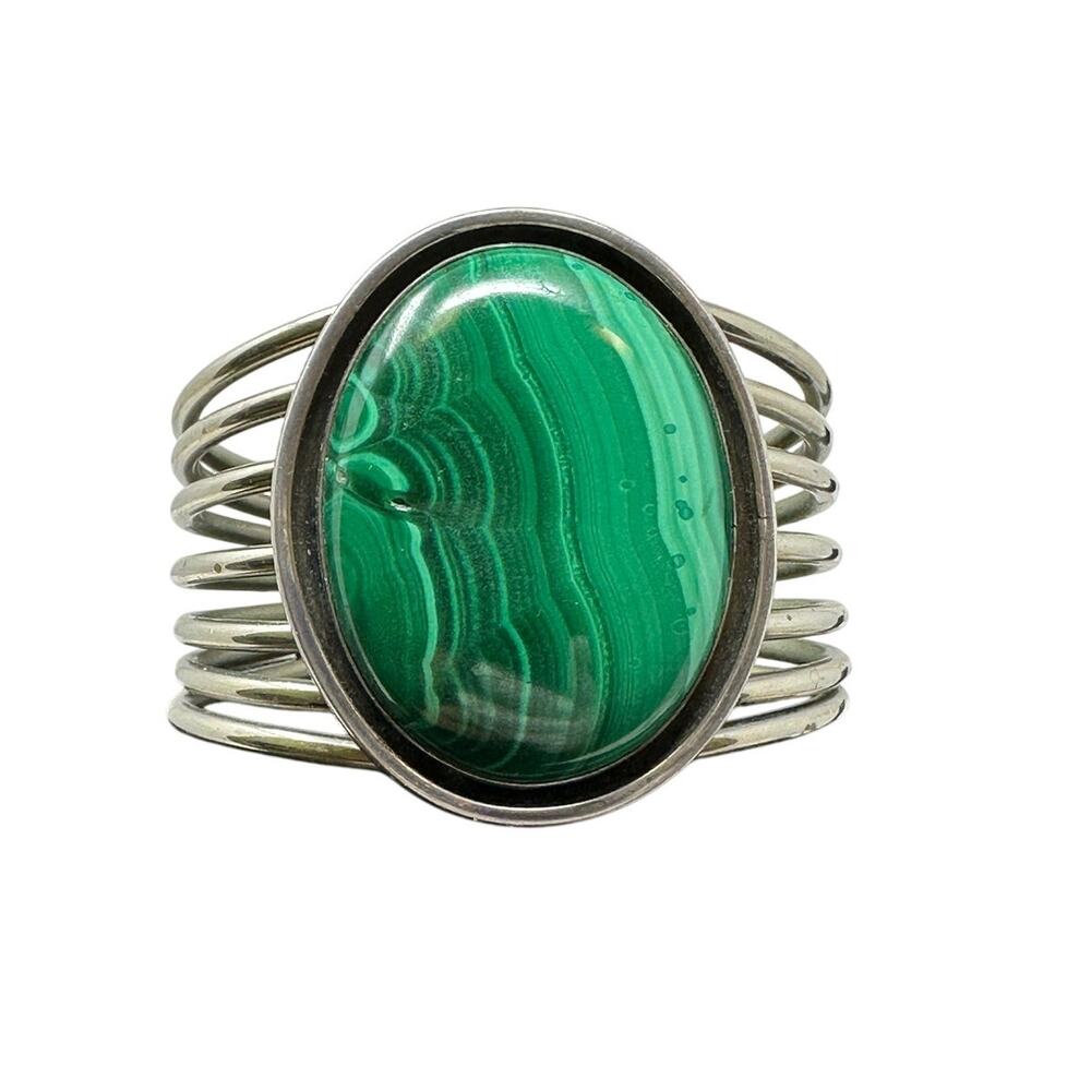 Vintage Native American Malachite Cuff Bracelet Sterling Silver